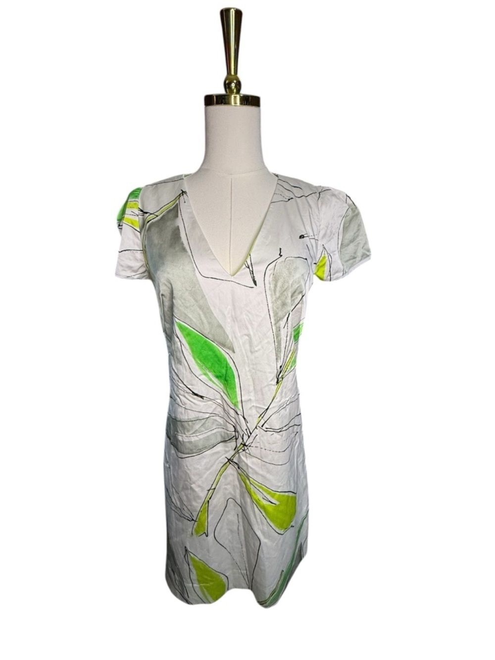 Milly Chloe V-Neck White & Green Floral Watercolor Shift Dress Size 4